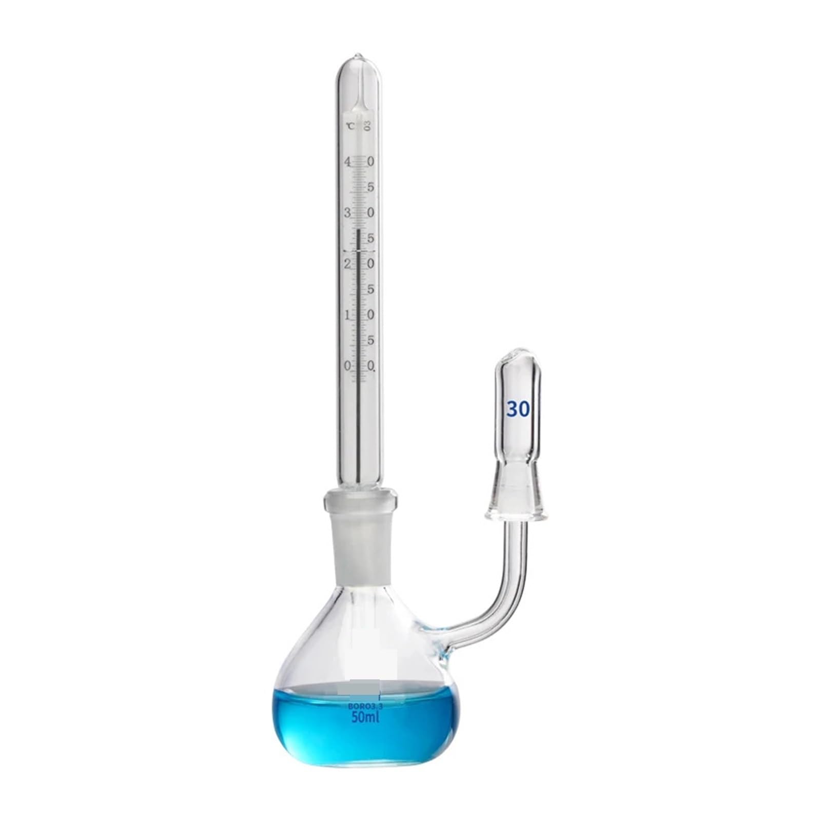 Picnómetro de vidrio de laboratorio con termómetro y botella de gravedad específica(50ml)