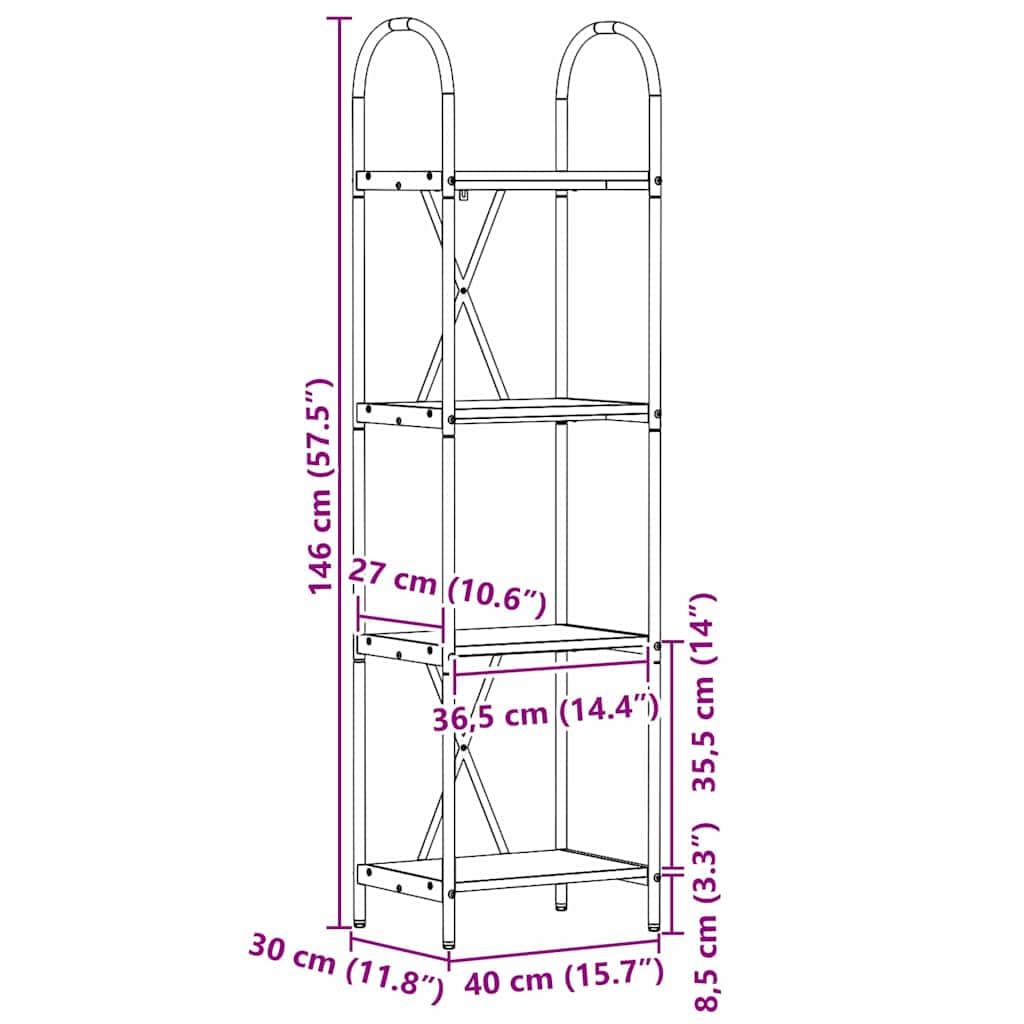 Libreria a 4 ripiani, 40 x 30 x 146 cm, in legno con telaio in acciaio nero, per soggiorno e ufficio, per riporre oggetti e ordine