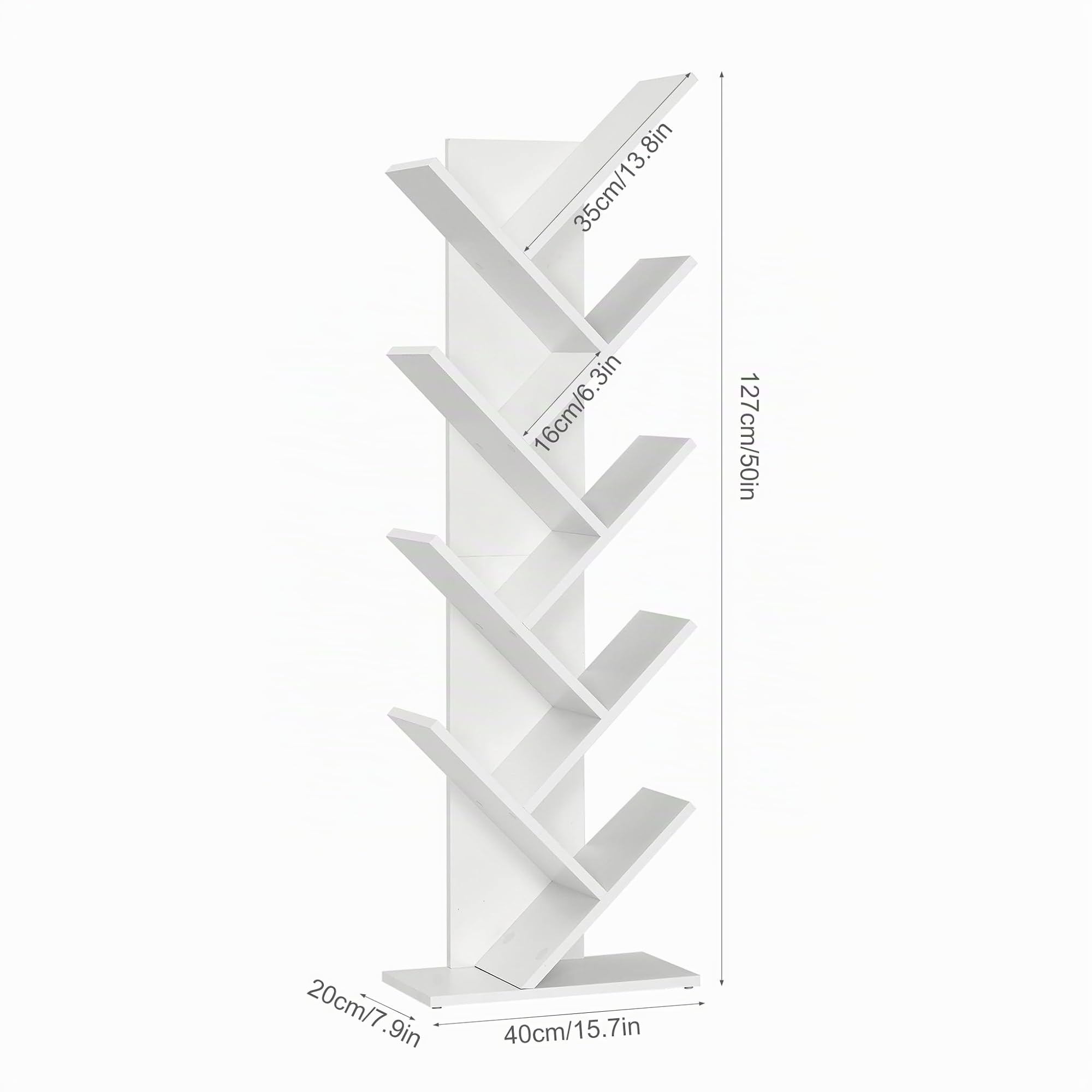 Mondeer Bücherregal, Baum Bücherregal 8 Etagen Holz Freistehende Regale für CDs Magazin im Wohnzimmer Home Office Weiß, 40 x 127 x 20 cm