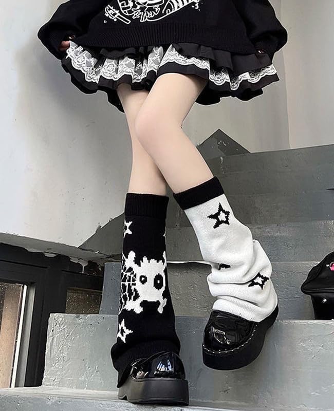 Hopecn Girls Leg Warmers Y2K Skull&Star Print Two Side Wear Knitted Goth Leg Warmer 80s Loose Kawaii Streetwear Socks.3