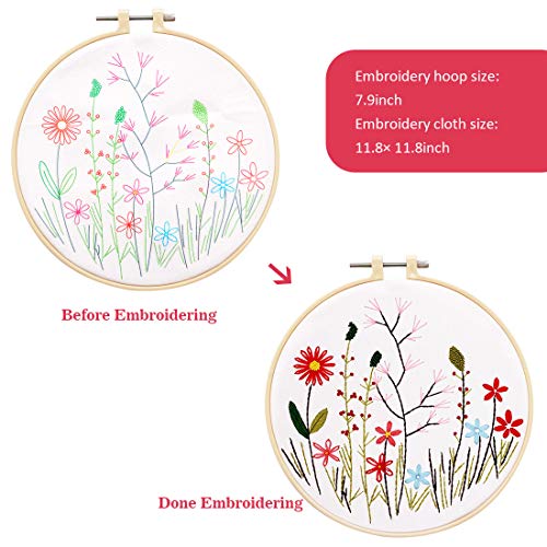 2 Pack Embroidery Starter Kit, Cross Stitch Kit Embroidery Kit for Beginners with Plants Flowers Pattern, Plastic Embroidery Hoops, Color Threads and Tools Kit