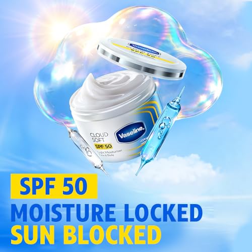 Image of VASELINE Cloud Soft SPF 50 PA ++++ Light Moisturiser, 200 ml, for Soft and Bouncy Skin, with Ceramides & Hyaluron Moisture Fillers, Non-Sticky and Lightweight, Broad Spectrum Protection