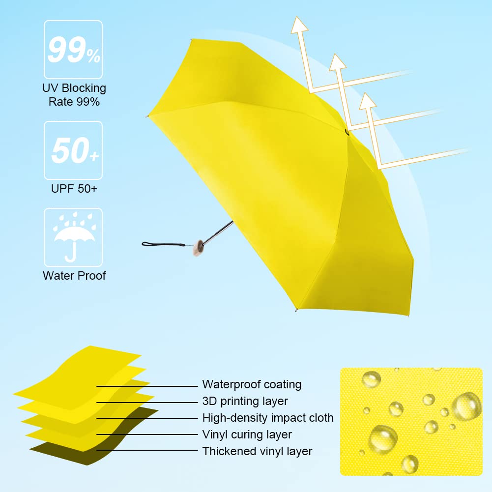 Vicloon Mini Ombrello, Ombrello Tascabile con Manico Dorato Nervature in Lega di Alluminio, Portatile Compatto Pieghevole Viaggio Ombrello, UPF>50+ Ombrello da Sole/Pioggia