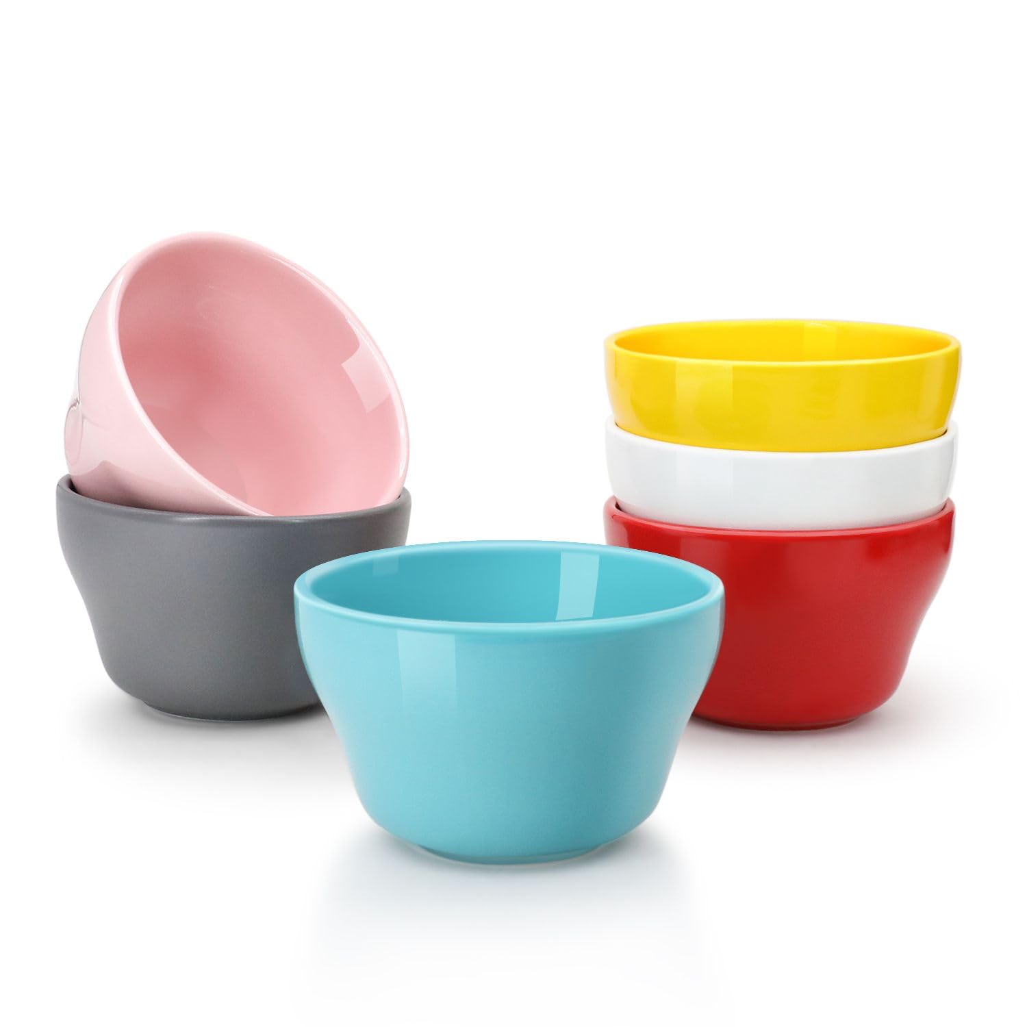 Flexzion Bouillon Cup and Soup Bowls 8 oz - Porcelain 8 Ounce Small Dessert Bowls, Dipping Sauce Bowl, Set of 6, Microwave and Dishwasher Safe, Multi Color