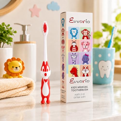 Image of Toothbrush for Kids with Ultra Soft Bristles for Oral Cleaning, Suitable For 2-12 Years Toddlers, Fox Design, Red, Pack of 1