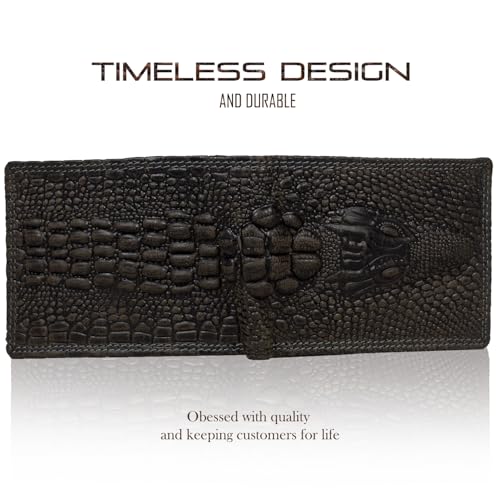Image of Men's Top Grain Leather Wallet with Crocodile 3D Print | 8 Card Slots Bifold Wallet | RFID Protected (Black)