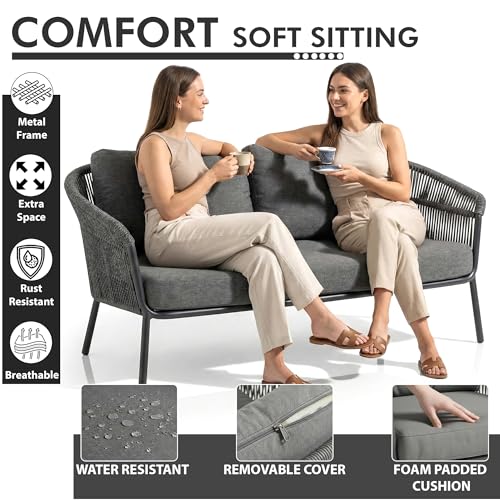 Image of Amazon Brand - Solimo Solix Outdoor Rope Sofa Set | Balcony Sofa | Patio Conversation Sets | Braided Rope Garden Sofa Set and Center Table (4 Seater- Dark Grey)