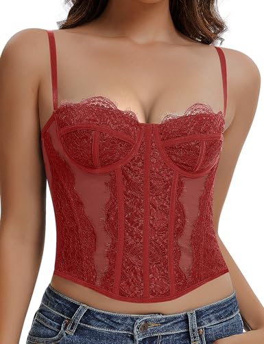 Image of Lace Corset Tops for Women Sexy Going Out Bustier Top Sleeveless Adjustable Straps Crop Tops with Back Hooks