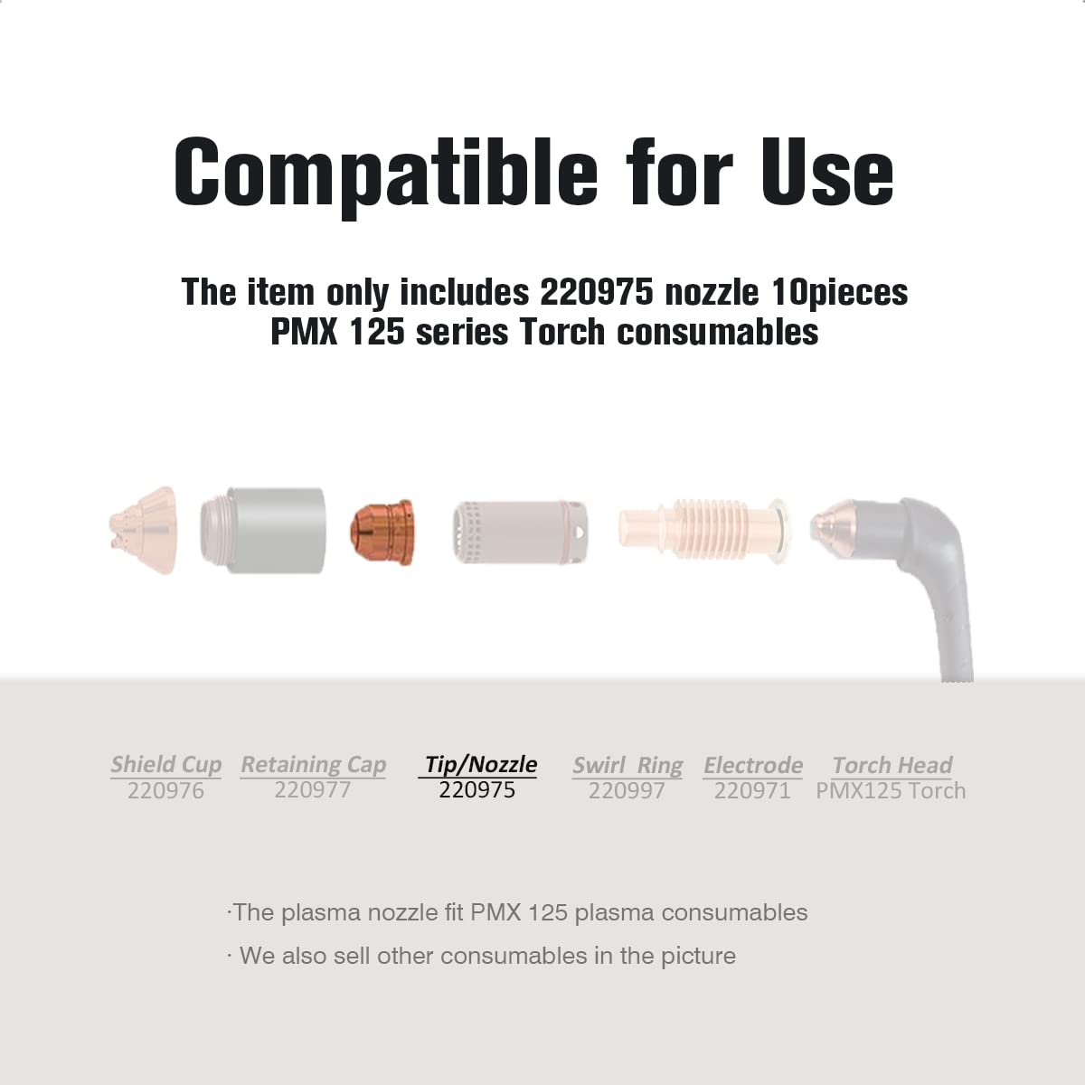 10 Stück Plasmaschneid-Verbrauchsspitzen, 125 A Düse, 220975, passend für PMX 125 Serie Taschenlampe