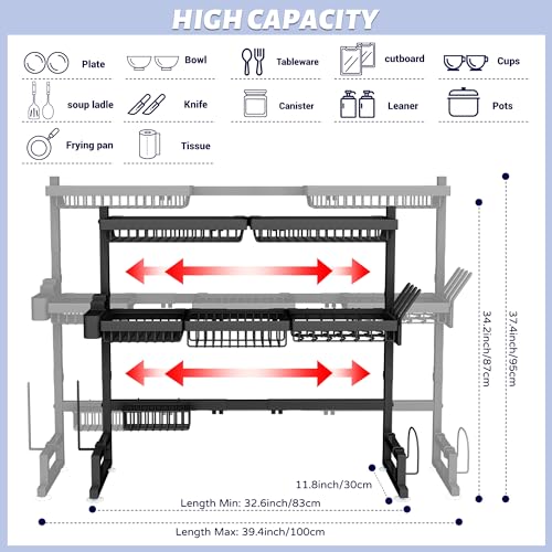 ADBIU Over The Sink Dish Drying Rack (Expandable Height and Length) Snap-On Design 2 Tier Large Dish Rack 31-39.4L x 12W x 34-38H inches by ADBIU - Image 2