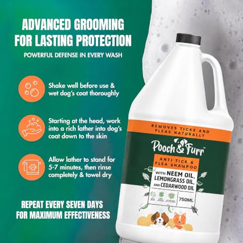 Image of POOCH & FURR Natural Neem Anti Tick and Flea Dog Shampoo | with Neem, Lemongrass and Camphor Oil | Paraben Free, PH Balanced and Cruelty Free (750ML)