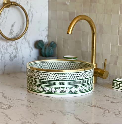 MIRATILE Handmade Moroccan Basin Ceramic Sink, Sink Bowl with Brass Rim Edge, Handwash Countertop Vanity Basin, Farmhouse Bathroom vanity Basin, Hand Painted Wash Basin Sink with 2 Gifts (8