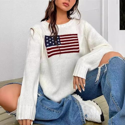 Women's American Flag Sweater Vintage Star Print Long Sleeve Crew Neck Sweater Top 4th of July Knit Top2