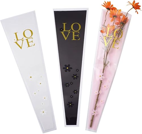 Mega Pet 100 bolsas de flores de plástico OPP con palabras amor y patrones de flores, 5 colores, bolsas de embalaje de flores individuales, ramo de