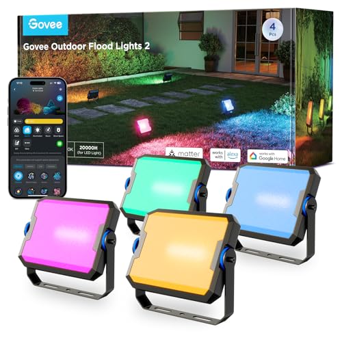Govee 4 Faretti LED Esterno, Luce RGBIC con Bianco Freddo e Caldo, Funziona con Alexa Matter Google Home, 50+ Scene, Faretto LED da Esterno IP66 Impermeabile per Giardino e Patio