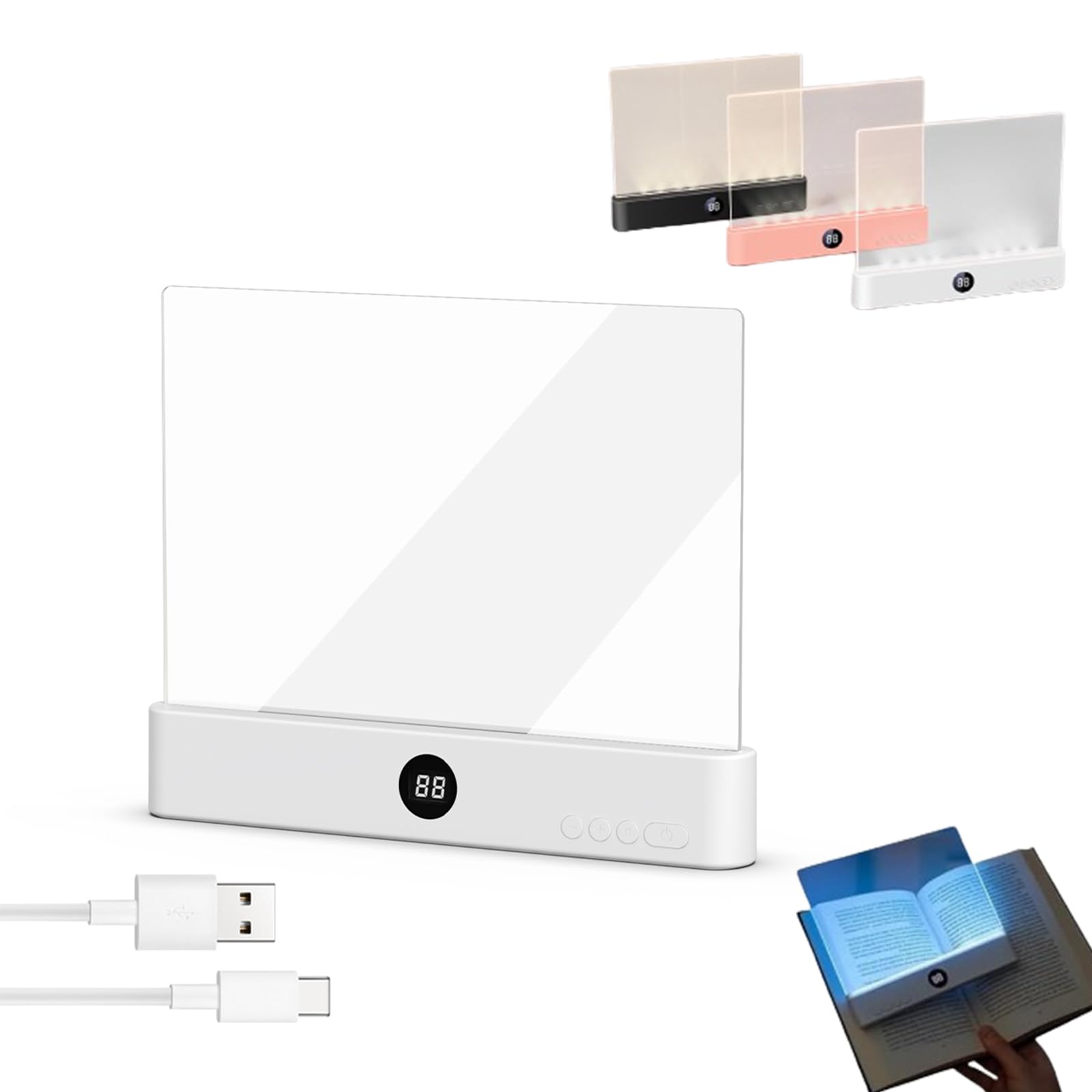Smart LED Book Light, Rechargeable Clear LED Flat Reading Light with 3 Colors & Timer, Student Eye Protection Night Lights, Flat Student Reading Lamp for Night Read (White)