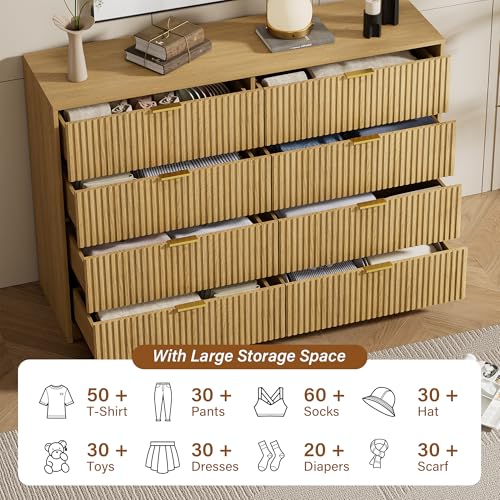 Image of Furniway Modern Natural Oak Bedroom Set, Fluted Wood 8 Drawer Dresser with Elegant Gold Handles and 2 Drawer Nightstands, 3 Piece Storage Furniture