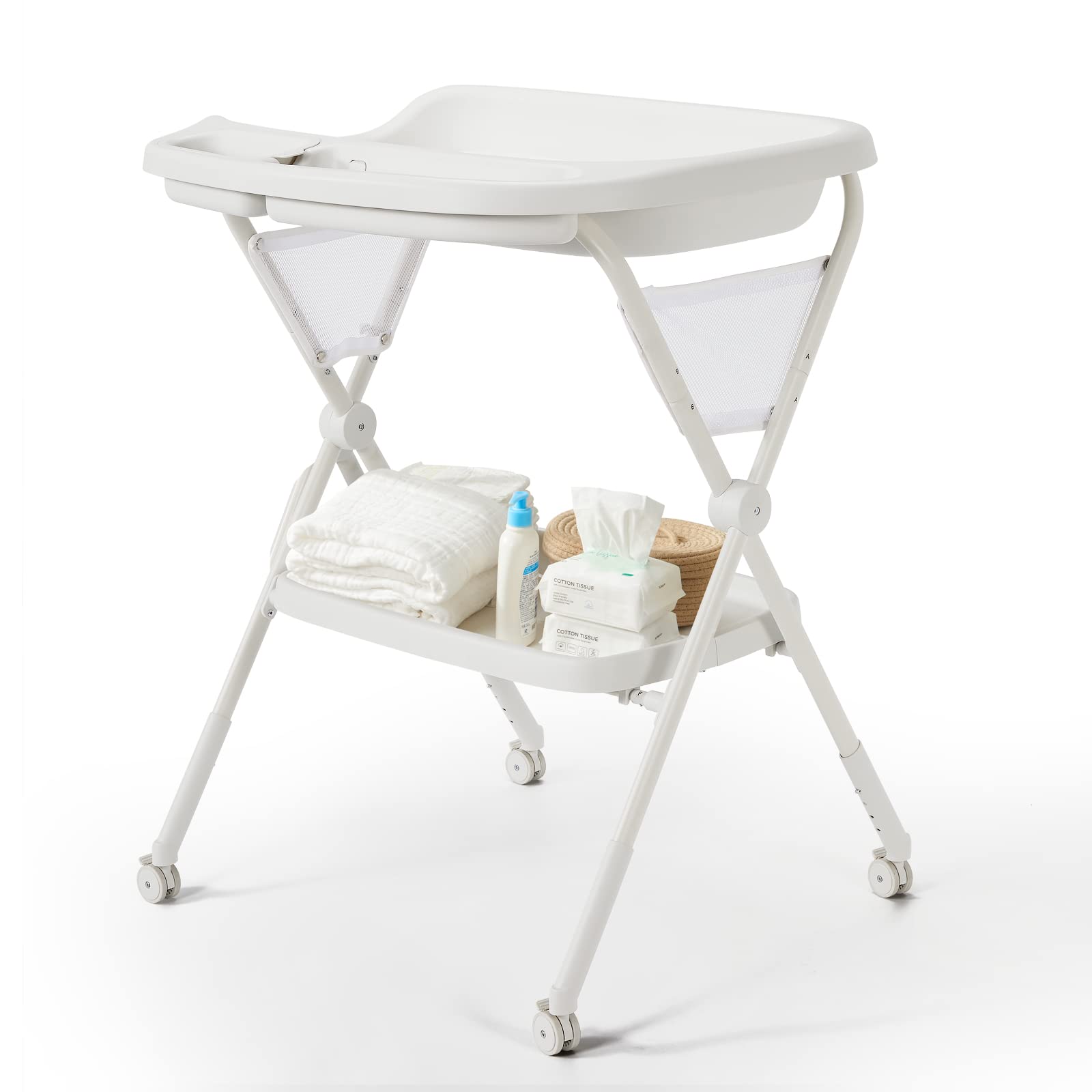 Cosola Portable Changing Table, Waterproof Baby Diaper Changing Station Plastic Foldable Changing Tables Adjustable Height, Infant Changing Table with Pads, White