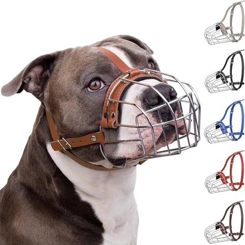 BRONZEDOG Pitbull Dog Muzzle Breathable Metal Basket for Large Dogs Amstaff Staffordshire Terrier Biting Chewing Barking (one size, Leather Brown)