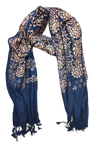 Image of Women's Dupatta | Navy Blue with Beige Floral and Geometric Print | Tassel Border