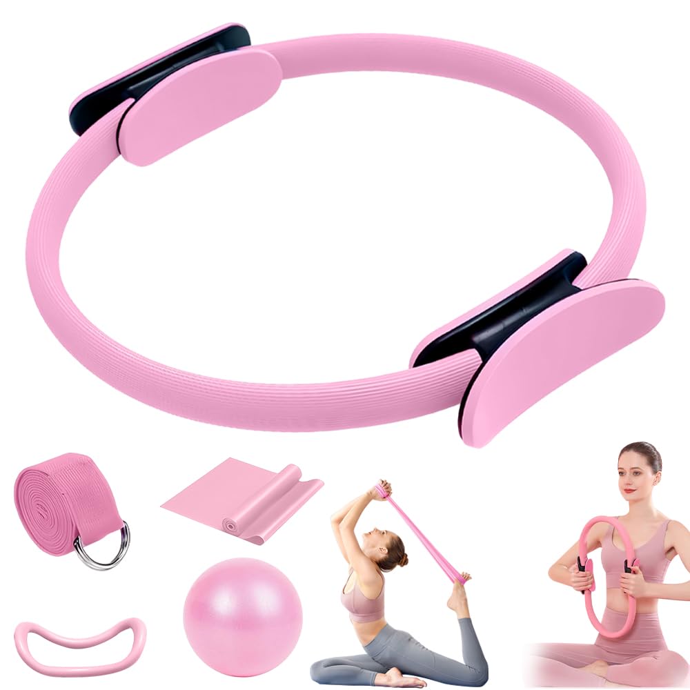 Pilates Ring Set, 5 Stück Pilates Set mit Yoga-Ring, Yoga-Ball, Widerstandsband und Hilfsgurt, Pilates Essential Kit für Heimtraining und Studio-Workout