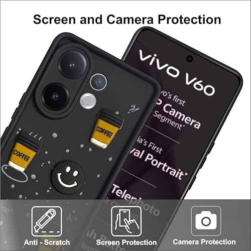 Image of SBMS Silicone Back Cover Case for Vivo V60 5G / Vivo T4 Pro 5G | Cute Fun 3D Cartoon, Coffee Design Silicone Case | Camera Protection Bump | Shockproof Case for Vivo V60 5G (Coffe Mug Black)