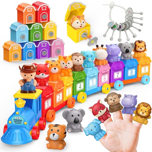 Animal Montessori Learning Toys for 2 3 4 5 Year Old Kids Toddler Animals Train Locks & Keys Matching Toys Counting & Sorting Trains Set Preschool Toy Boys Girls Christmas Birthday Gifts Age 2-4 3-5