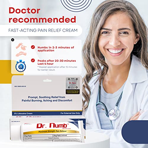 Dr. Numb 5% Lidocaine Cream - Maximum Strength Pain Reliever With Vitamin E - Prompt Soothing Relief From Painful Burning, Itching & Local Discomfort - Temporary Relief Pain For Hemorrhoids - 10G (1) #TOP3