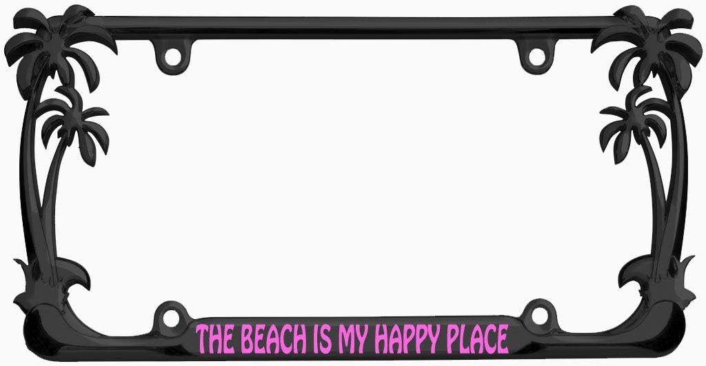 The Beach is My Happy Place Palm Tree Design Black Metal Auto License Plate Frame Car Tag