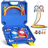 Luney 3 Way AC Gauges Set, AC Manifold Gauge Set for R134a R12 R22 R502 Refrigerant, Automotive HVAC Freon Recharge Kit with 5FT Flameproof Hoses, Couplers, Adapter, Self Sealing & Puncturing Can Tap