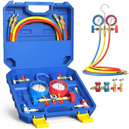 Luney 3 Way AC Gauges Set, AC Manifold Gauge Set for R134a R12 R22 R502 Refrigerant, Automotive HVAC Freon Recharge Kit with 5FT Flameproof Hoses, Couplers, Adapter, Self Sealing & Puncturing Can Tap