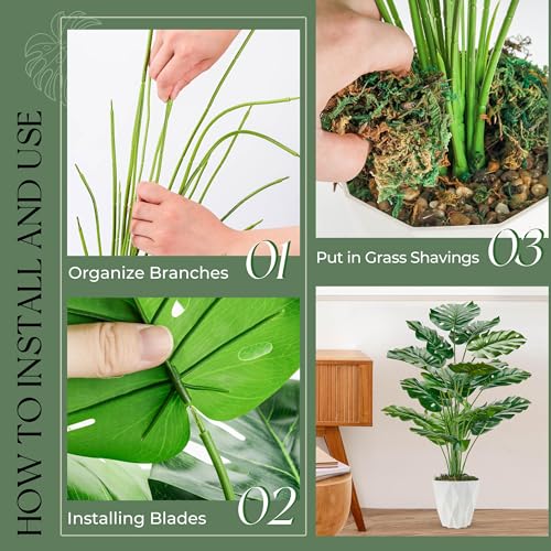 Der Rose 28" Fake Plants Large Artificial Monstera Faux Plants Indoor with White Pot for Home Office Living Room Decor - Image 4