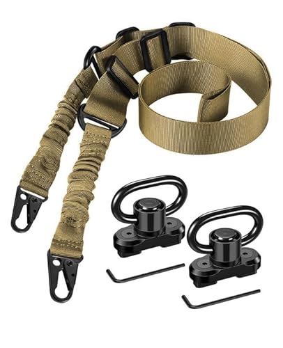 CVLIFE Rifle Sling with 2 Pack Anti-Rotation Sling Swivels,Adjustable Length Two Point Sling Elastic Cord Design for Outdoor Khaki