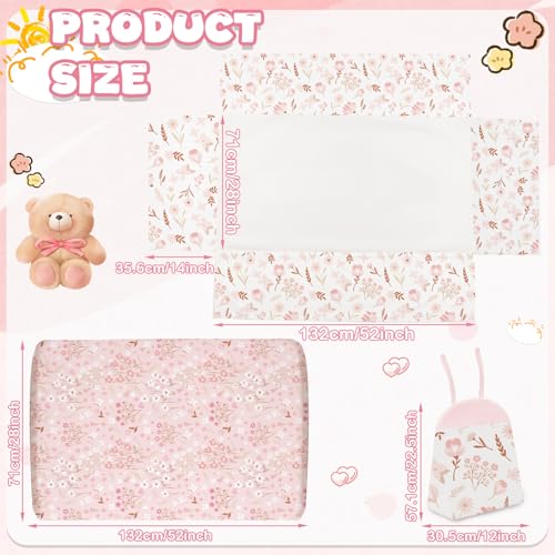 Image of Hahafelt 4 Pieces Crib Bedding Set for Girls and Boys, Soft Baby Bedding Set Including Crib Skirt, Comforter, Sheet and Diaper Stacker for Nursery(Pink Floral)