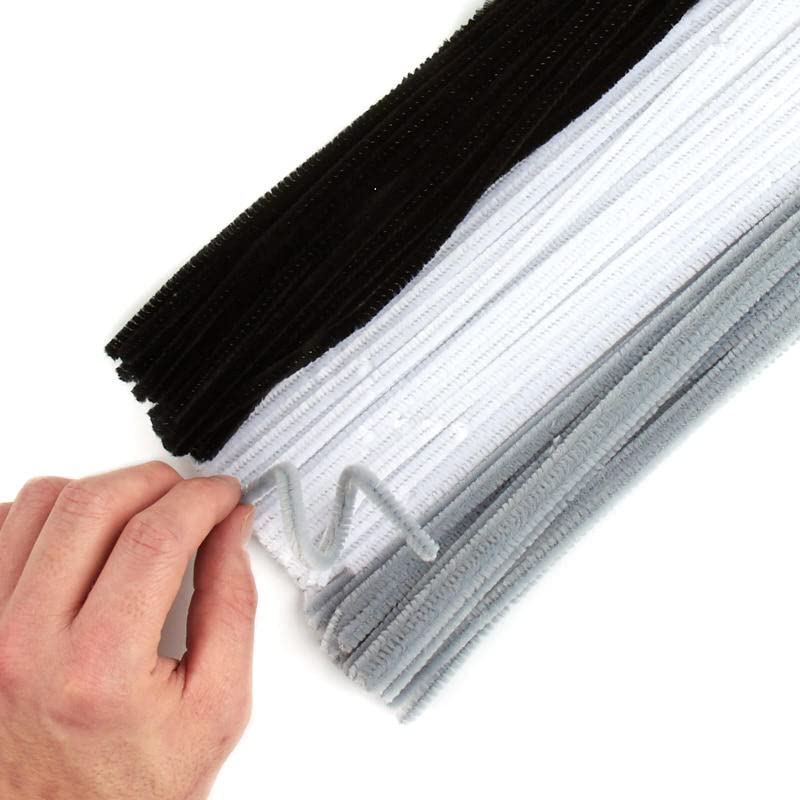 Pack of 300 Black White and Grey Pipe Cleaners. Fuzzy Stick Chenille Stems for Arts and Crafts Shapes, Flowers, Animals, Figures and More - Size: 12 Inches Long x 6 mm Dia.