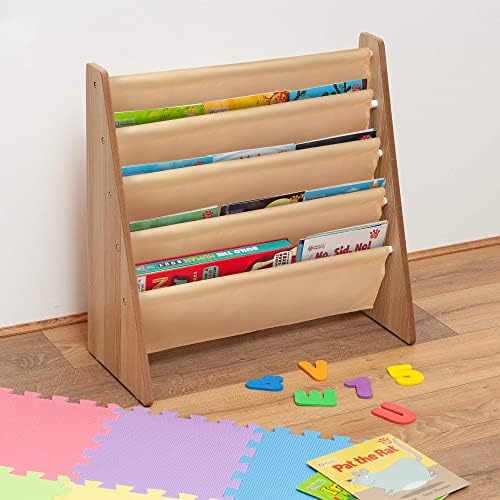 LIVIVO ® Childrens Colourful Sling Storage Bookshelf  Easy Access Wooden Book Rack Storage with Soft Nylon Fabric Shelves to Protect your Kids Books  Perfect Height for your little reader (Natural)