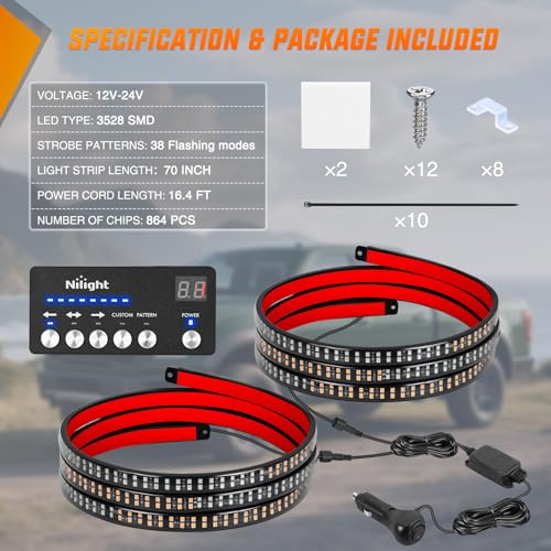 Image of Nilight 2PCS 70 Inch Emergency Strobe Light Strip with Controller 864 LED Amber Green Running Board Lights Flexible Side Flashing Warning Caution Safety Waterproof for Truck Construction Pickup