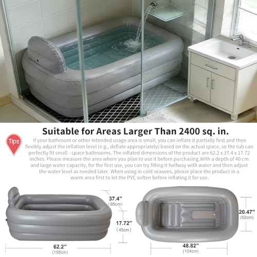 Inflatoast Inflatable Bathtub Adults - Blow Up Bathtub Adult for Indoor Shower Use, Portable Bathtub Adult,62.2x37.4x17.72in, Light Grey