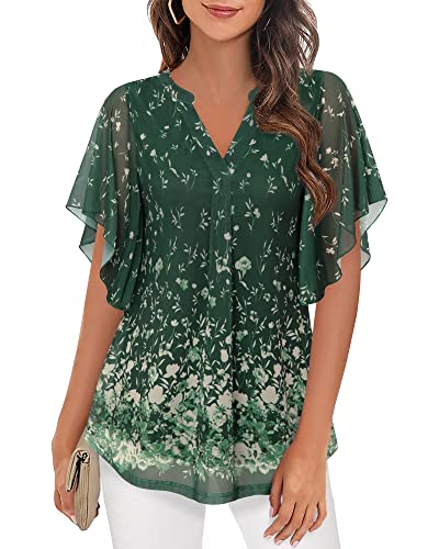 Image of Timeson Women's Short Sleeve V Neck Blouses Shirts Floral Double Layers Mesh Tunics Tops