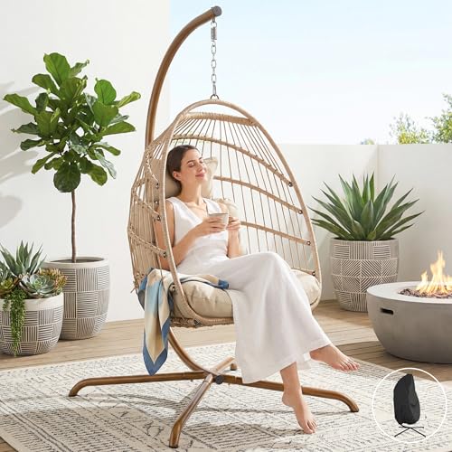 NICESOUL Indoor Outdoor Wicker Hanging Egg Chair with Stand, Cozy