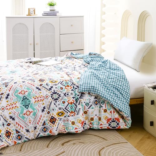 Image of Ac Comforter Single Bed Boho with Satin Finish 240 GSM - Reversible AC Comforter -White & Blue, Aztec /Bohemian Comforter Quilt Duvet Dohar Blanket for Summer150 X 225cm