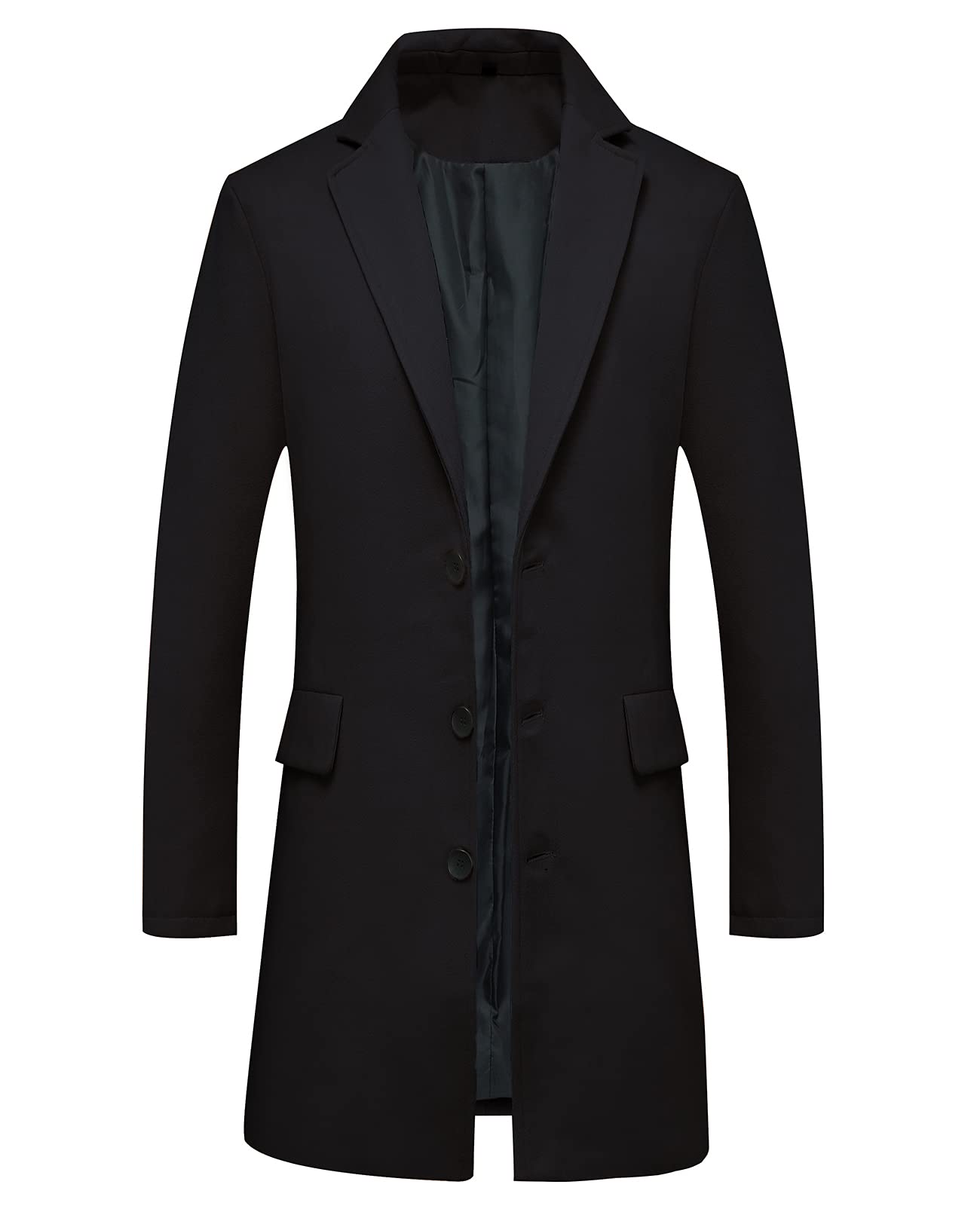 Mens Wool Blend Trench Coat Single Breasted Notch Lapel Walker Mid-Length Classic Pea Top Coat