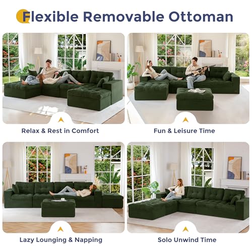 Image of MAXYOYO 132 inch U Shaped Modular Sectional Sofa with 2 Ottomans, Cloud Boneless Couch with Layered Cushion, Flexible Module Combination Sofa for Living Room, No Assembly Required, Dark Green