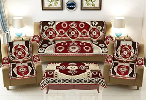 Image of Sawna Homes Sofa Cover With Cushion Cover And Table Cover-3 Seater&2 Seater Chenille Velvet Sofa Covers With Arm Set 16 Pcs - 3+1+1 Panels For Home Living Room Sofa Couch Decor (Coffe Maroon)