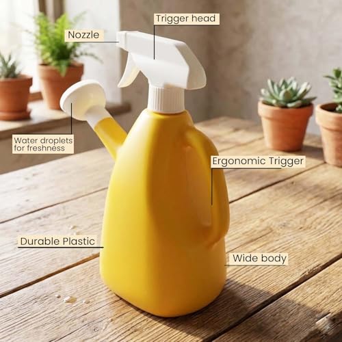 Image of Go Hooked 2in1 Plant Watering Can with Spray Bottle & Shower Head 1 Litre | Multi-Purpose Garden Water Sprayer for Indoor Plants, Balcony Garden & Nursery | Plastic Watering Pot with Handle (Yellow)
