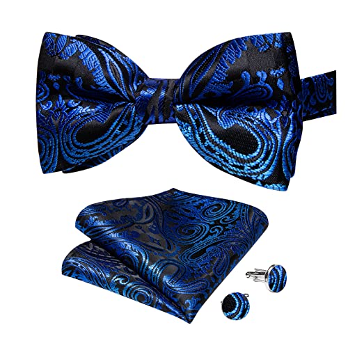 Image of DiBanGu Paisley Pre-Tied Bow Ties for Men Silk Adjustable Bowtie and Pocket Square Cufflinks for Wedding Party