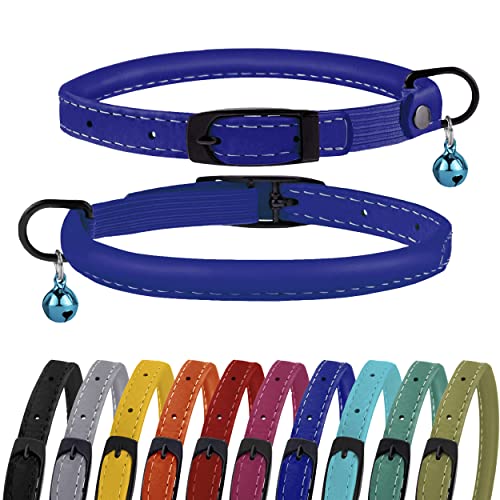 BRONZEDOG Katzenhalsband mit Glöckchen, gerolltes Leder, für Katzen, Kätzchen, Schwarz, Blau, Rosa, Grün, Gelb, Grau (20,3 cm - 25,4 cm, Blau) Cover
