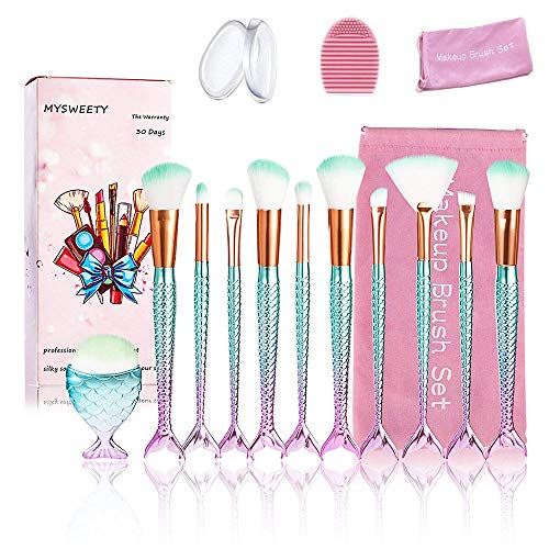 Mermaid Makeup Brushes Set, MYSWEETY 10PC Ultimate Makeup brushes Mermaid Cosmetic Brushes Eyebrow Eyeliner Brush Concealer Brushes Set + 1PC Fat Fish Foundation Brush + 2Pcs Silicone Makeup Sponge