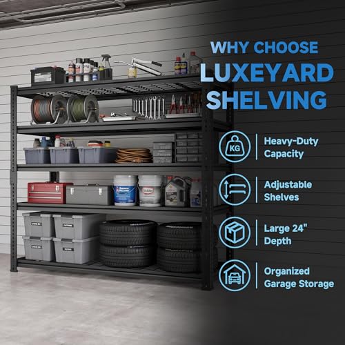 LUXEYARD Heavy Duty Garage Shelving, 60" W x 24" D x 78" H, 5-Tier Adjustable Metal Storage Rack, 660 lbs Per Shelf, 3300 lbs Total Capacity, Black, 1-Pack - image 2