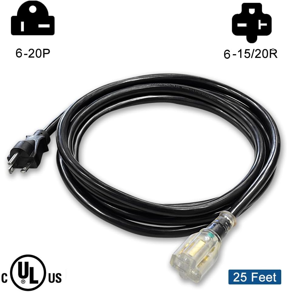 25FT 12 Gauge Heavy Duty Durable NEMA 6-20P/NEMA 6-15/20R T-Blade Cord with LED Indicator Indoor/Outdoor Extension Cords, 20 Amps 250Volts YODOTEK …